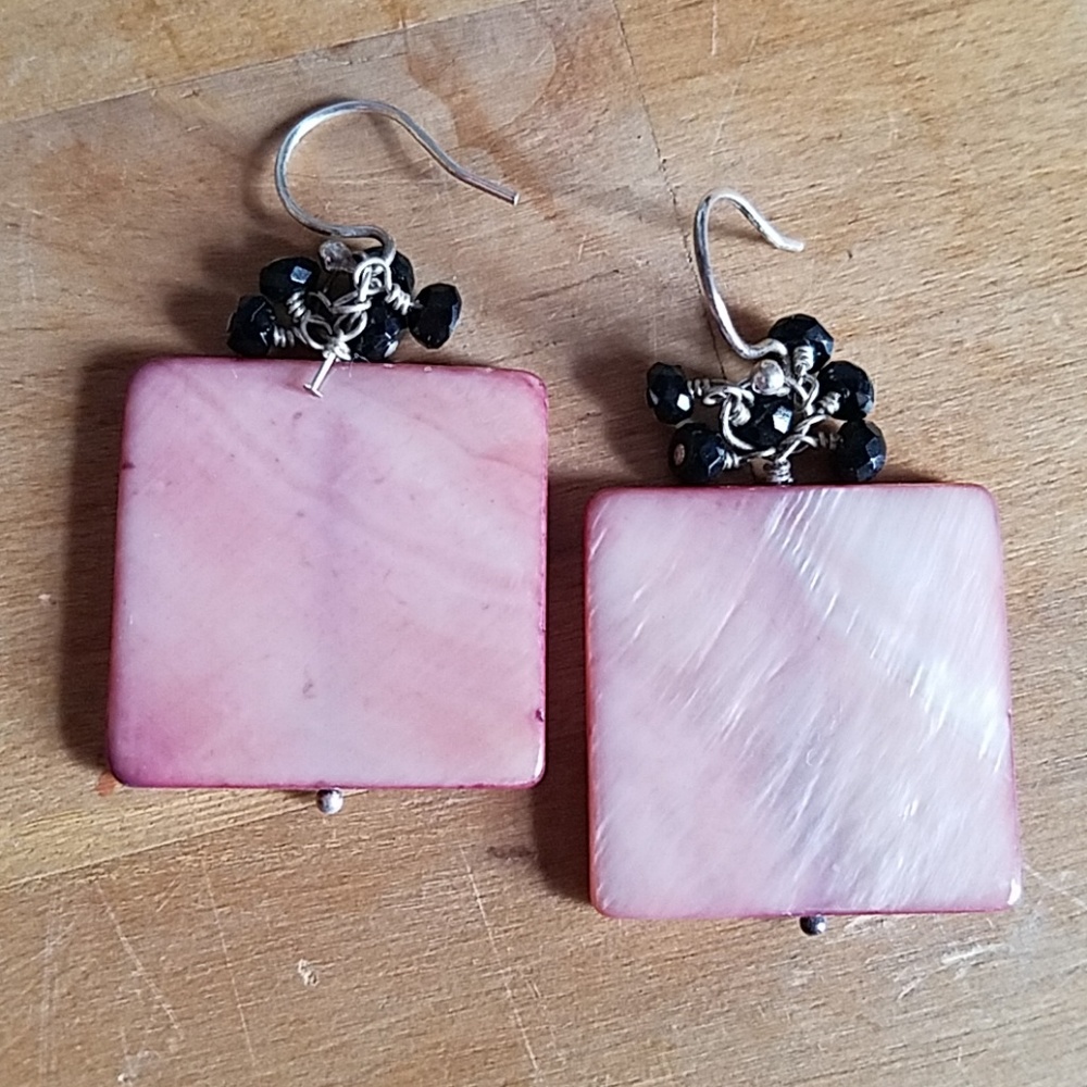 Pink shell black onyx handmade earrings